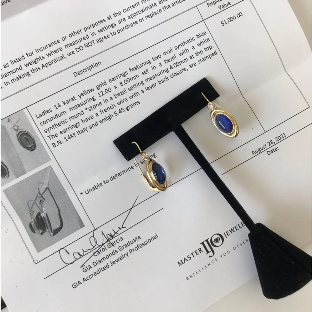 Yulia ONLY 14K Italian Yellow Gold Pomelatto style earrings with blue sapphires - Picture 5 of 13